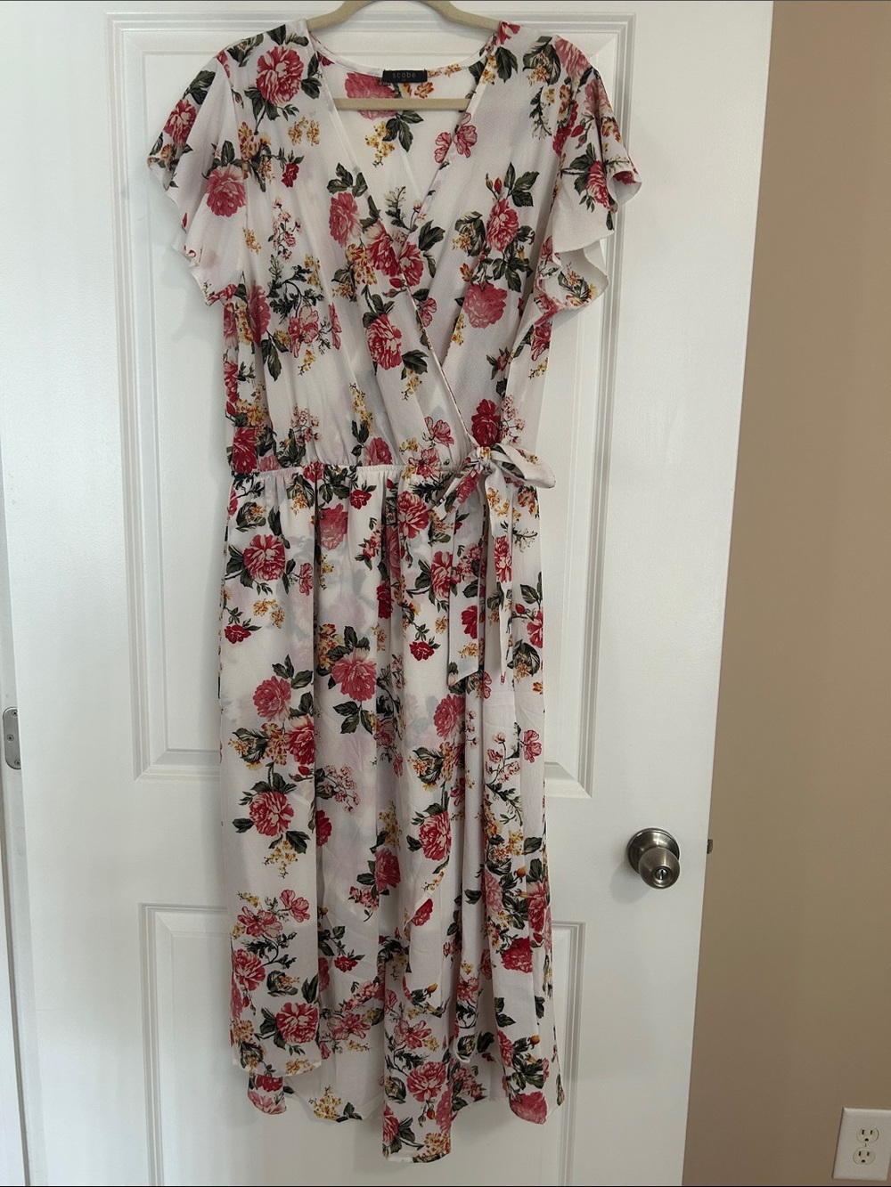 Floral Midi Dress - White with Pink & Green Roses